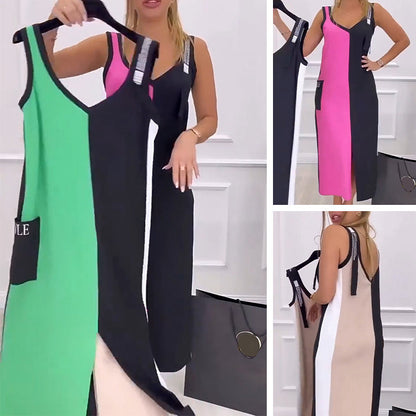 50 % Rabatt 🥰Ärmelloses Strickkleid mit V-Ausschnitt und Farbblock