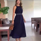 Elegantes, marineblaues, langes Kleid mit hoher Taille für Damen