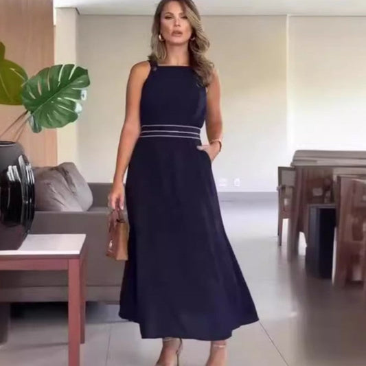 Elegantes, marineblaues, langes Kleid mit hoher Taille für Damen