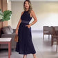 Elegantes, marineblaues, langes Kleid mit hoher Taille für Damen