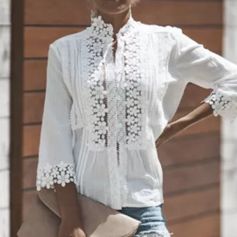 Weißes Patchwork-Top mit Blumenmuster und Spitze für Damen