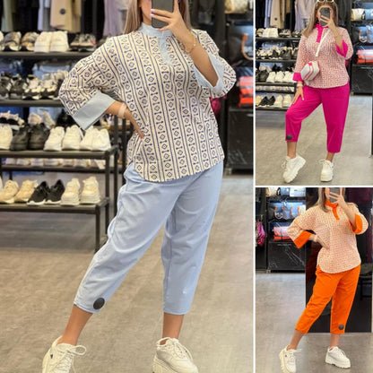 Modisches bedrucktes Oberteil und lässige Knöchelhose mit hoher Taille für Damen