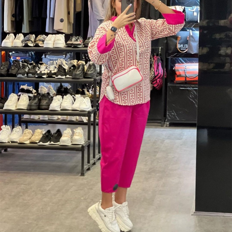 Modisches bedrucktes Oberteil und lässige Knöchelhose mit hoher Taille für Damen