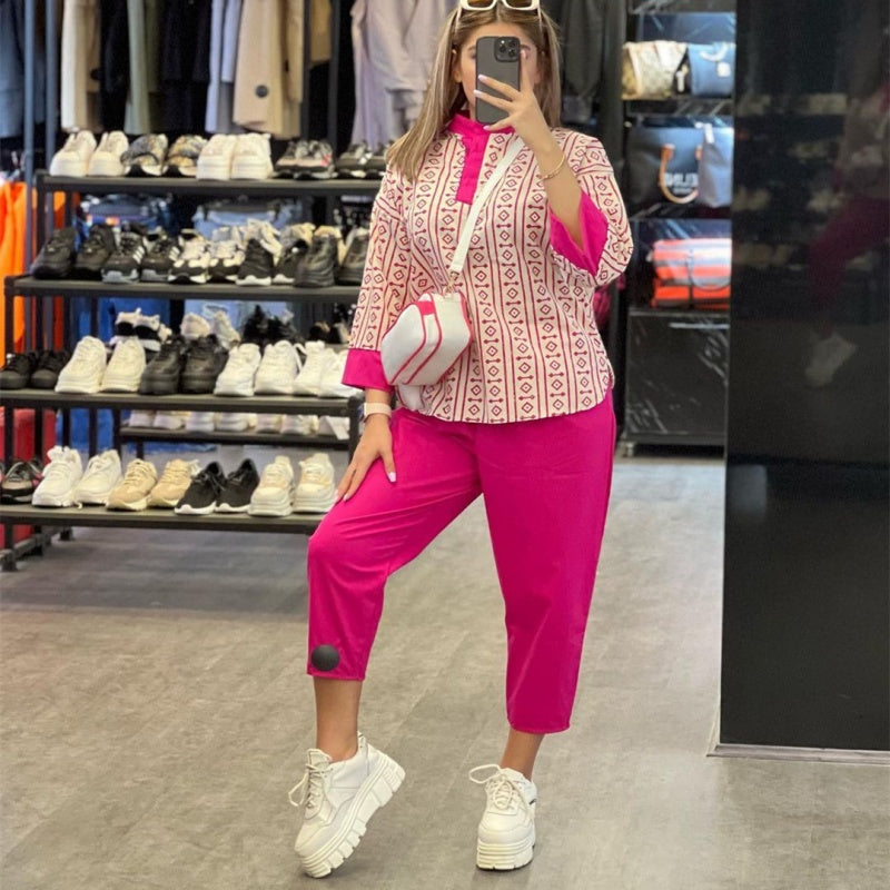 Modisches bedrucktes Oberteil und lässige Knöchelhose mit hoher Taille für Damen