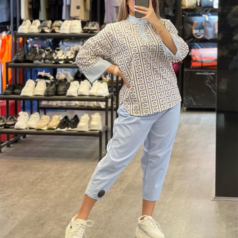 Modisches bedrucktes Oberteil und lässige Knöchelhose mit hoher Taille für Damen