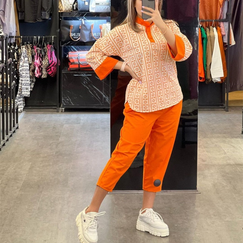 Modisches bedrucktes Oberteil und lässige Knöchelhose mit hoher Taille für Damen