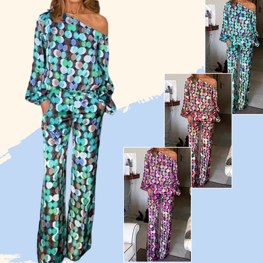 Modisches, lockeres Oberteil und Hose mit schrägen Schultern für Damen, zweiteiliges Set