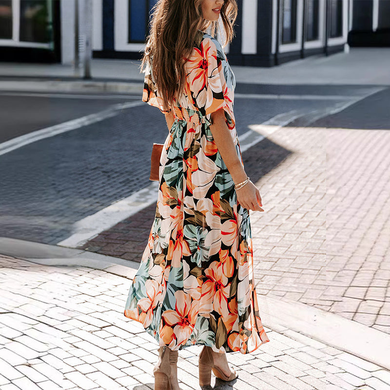 Sommerliches, floral bedrucktes, sexy Kleid mit tiefem V-Ausschnitt und hoher Taille und Schlitz für Damen