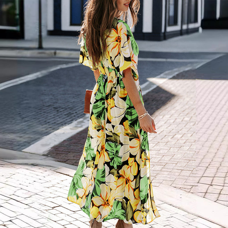 Sommerliches, floral bedrucktes, sexy Kleid mit tiefem V-Ausschnitt und hoher Taille und Schlitz für Damen