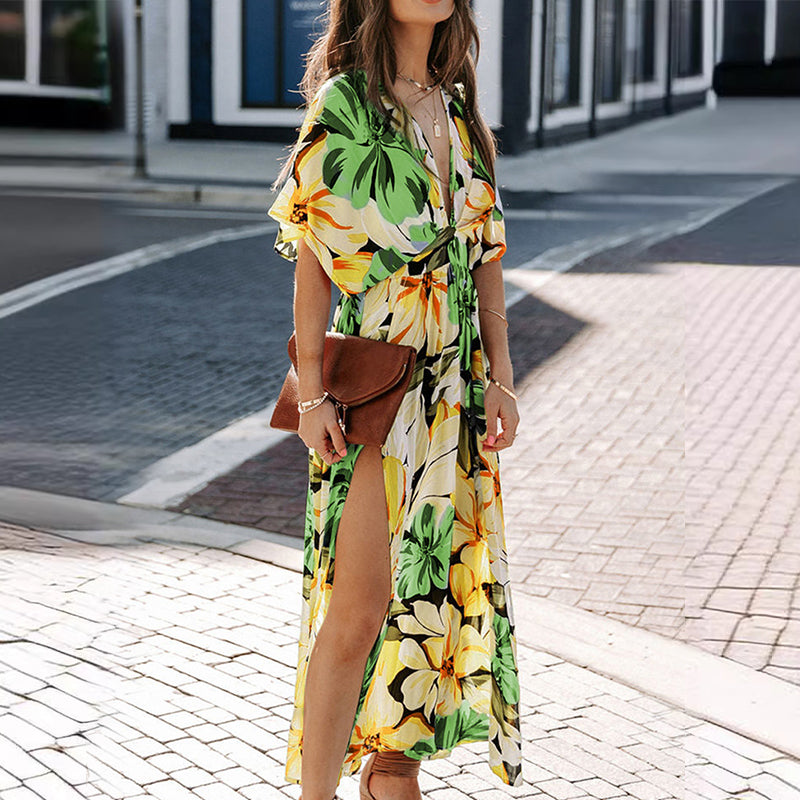 Sommerliches, floral bedrucktes, sexy Kleid mit tiefem V-Ausschnitt und hoher Taille und Schlitz für Damen