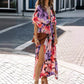 Sommerliches, floral bedrucktes, sexy Kleid mit tiefem V-Ausschnitt und hoher Taille und Schlitz für Damen