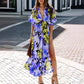 Sommerliches, floral bedrucktes, sexy Kleid mit tiefem V-Ausschnitt und hoher Taille und Schlitz für Damen