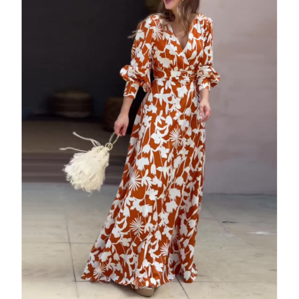 Karamellfarbenes Maxikleid mit Blumenmuster