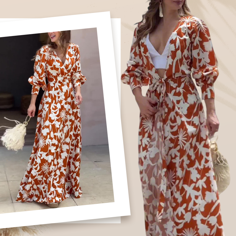 Karamellfarbenes Maxikleid mit Blumenmuster