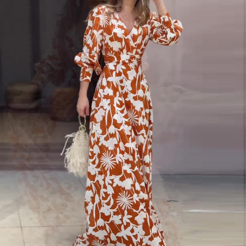 Karamellfarbenes Maxikleid mit Blumenmuster