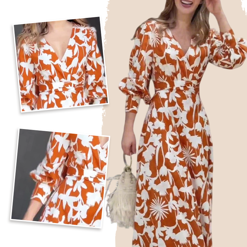 Karamellfarbenes Maxikleid mit Blumenmuster