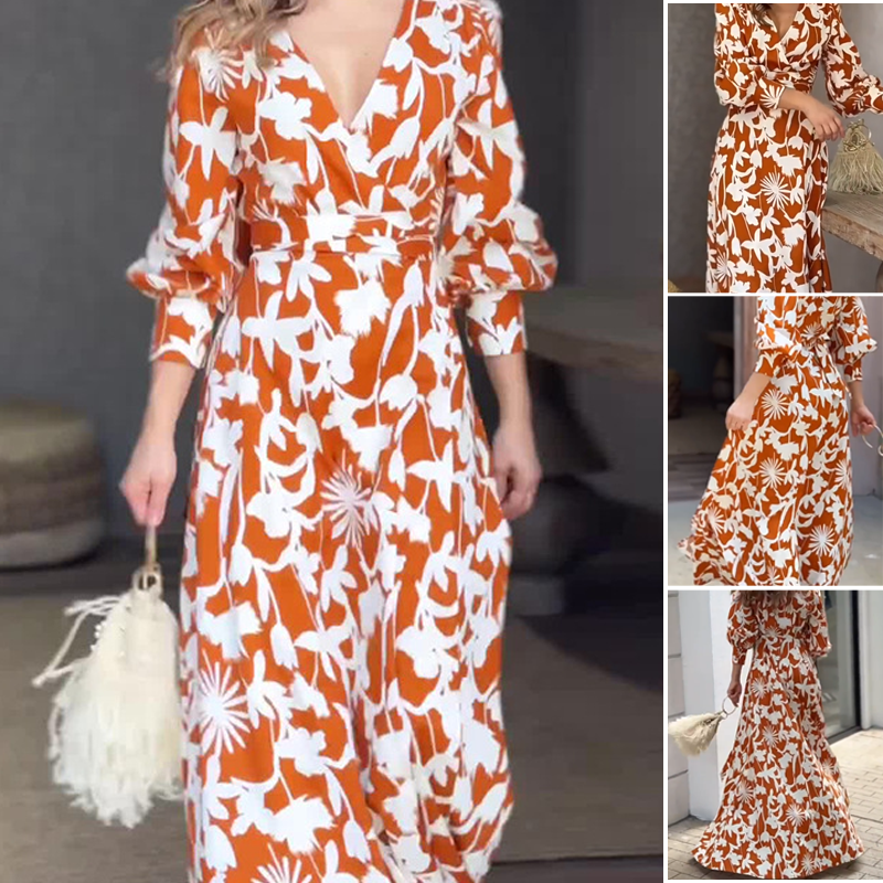 Karamellfarbenes Maxikleid mit Blumenmuster