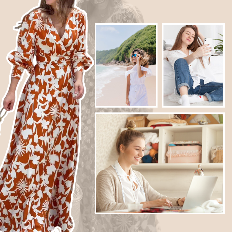 Karamellfarbenes Maxikleid mit Blumenmuster
