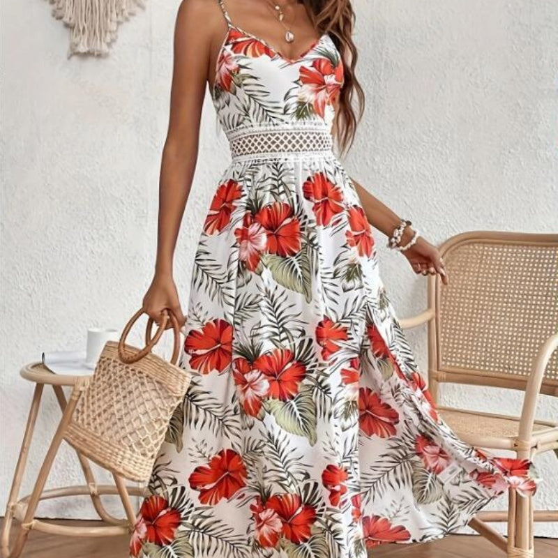 Fließendes Kleid mit Blumenmuster und hohem Schlitz für Damen mit Spaghettiträgern