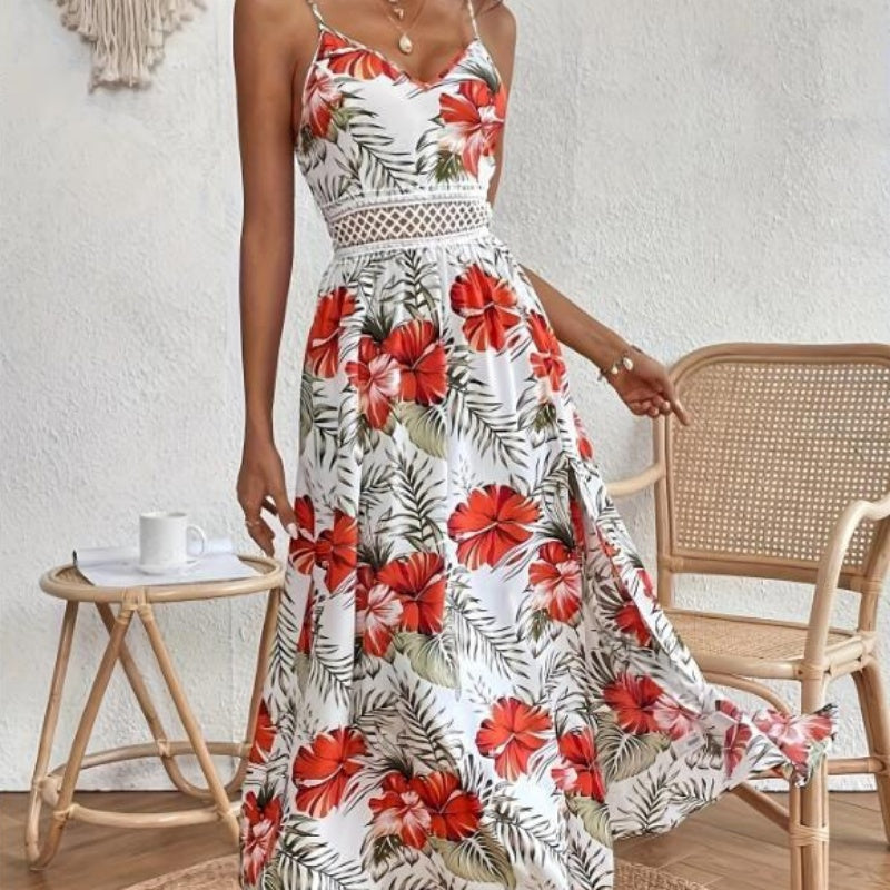 Fließendes Kleid mit Blumenmuster und hohem Schlitz für Damen mit Spaghettiträgern