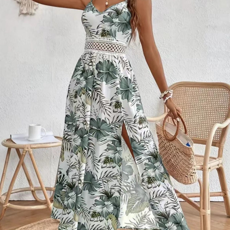Fließendes Kleid mit Blumenmuster und hohem Schlitz für Damen mit Spaghettiträgern