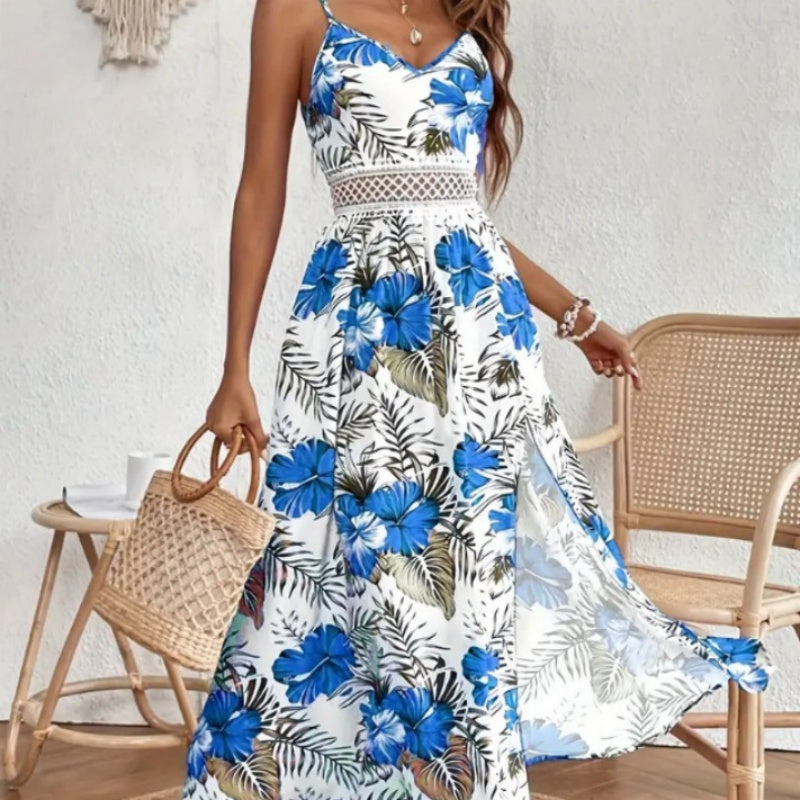 Fließendes Kleid mit Blumenmuster und hohem Schlitz für Damen mit Spaghettiträgern