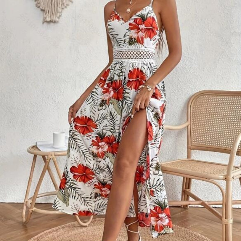 Fließendes Kleid mit Blumenmuster und hohem Schlitz für Damen mit Spaghettiträgern
