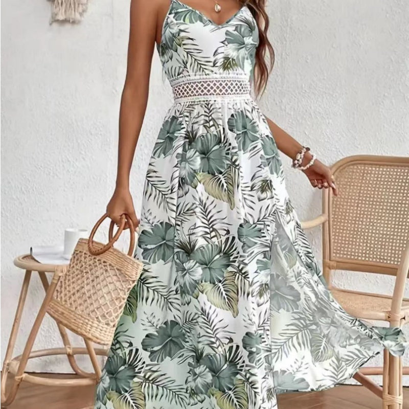 Fließendes Kleid mit Blumenmuster und hohem Schlitz für Damen mit Spaghettiträgern