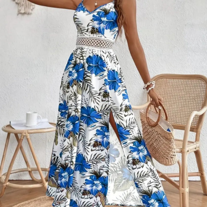 Fließendes Kleid mit Blumenmuster und hohem Schlitz für Damen mit Spaghettiträgern
