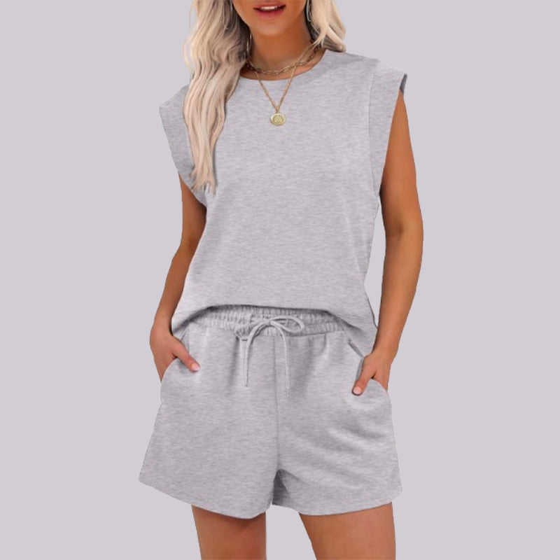 2-teiliges Set mit Oberteil mit Flügelärmeln und Rundhalsausschnitt und Shorts mit Kordelzug für Damen