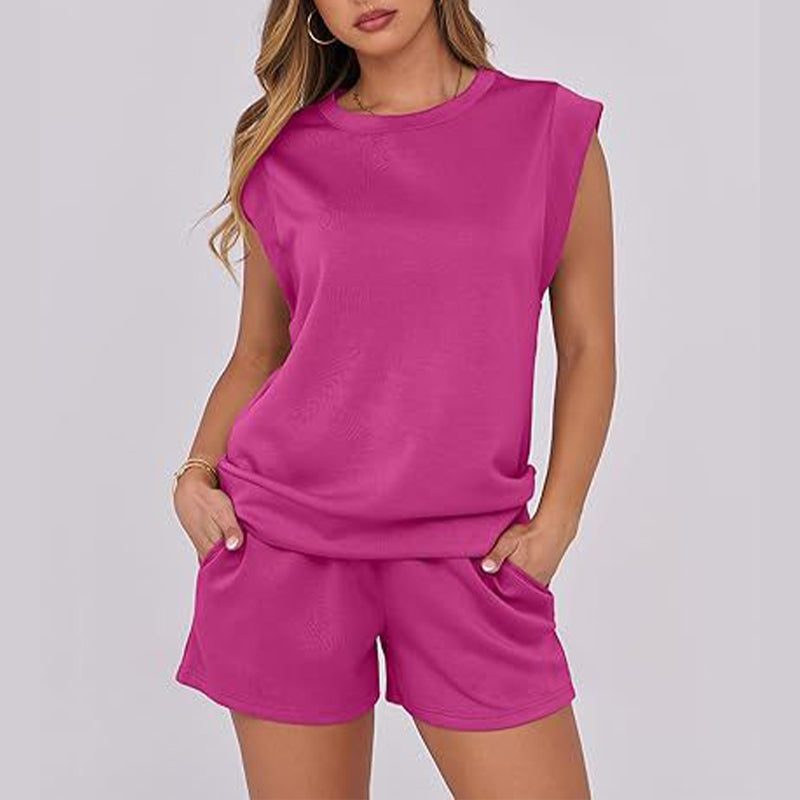 2-teiliges Set mit Oberteil mit Flügelärmeln und Rundhalsausschnitt und Shorts mit Kordelzug für Damen