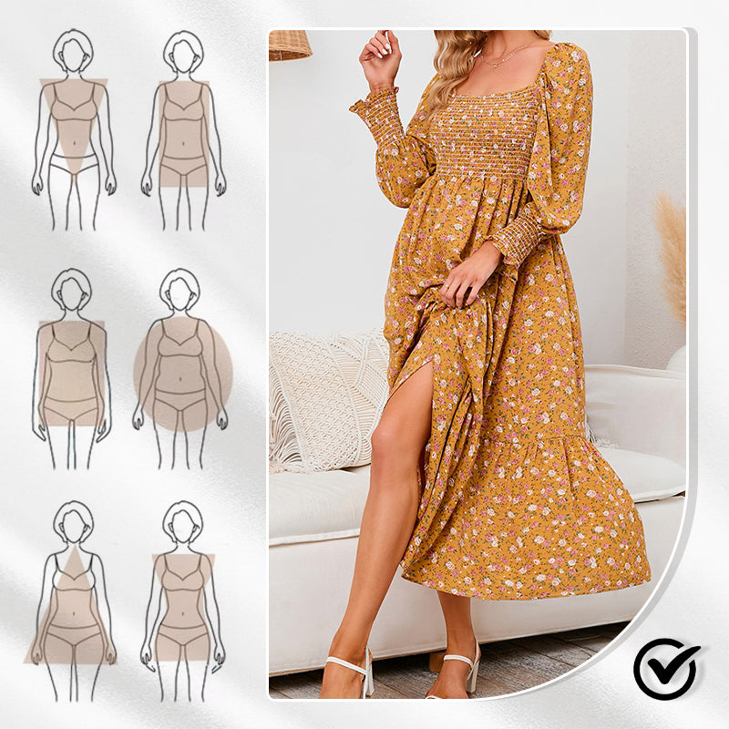 Elegantes Damenkleid mit ausgestellten Ärmeln und Blumenmuster