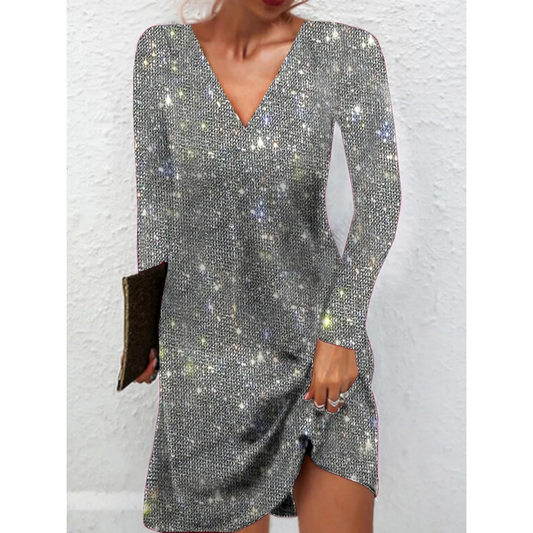 Anmutiges Langarmkleid mit Glitzerpailletten und V-Ausschnitt