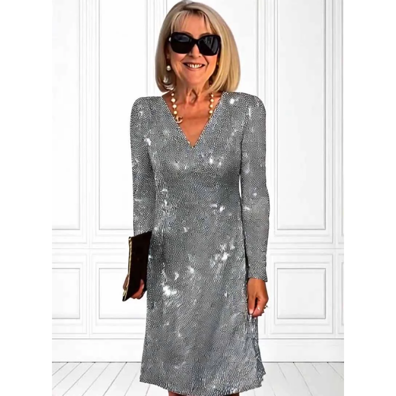 Anmutiges Langarmkleid mit Glitzerpailletten und V-Ausschnitt