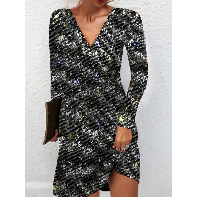 Anmutiges Langarmkleid mit Glitzerpailletten und V-Ausschnitt