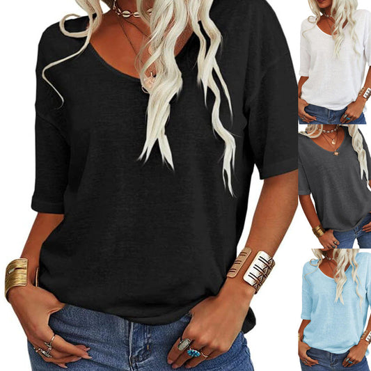 💥 Einfarbiges T-Shirt mit V-Ausschnitt für Damen [Im Angebot und schneller Versand!]
