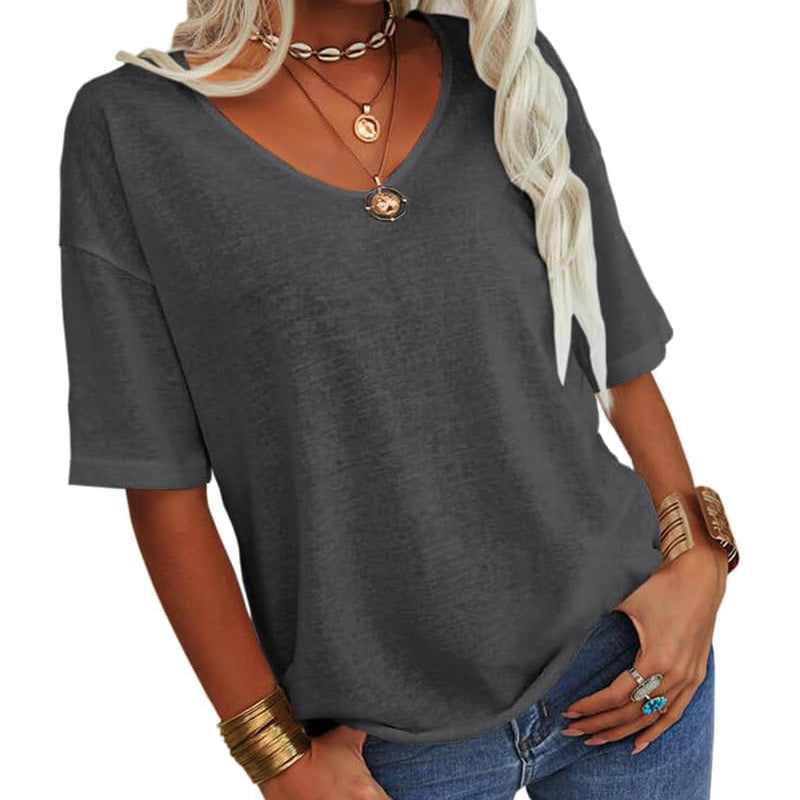 💥 Einfarbiges T-Shirt mit V-Ausschnitt für Damen [Im Angebot und schneller Versand!]