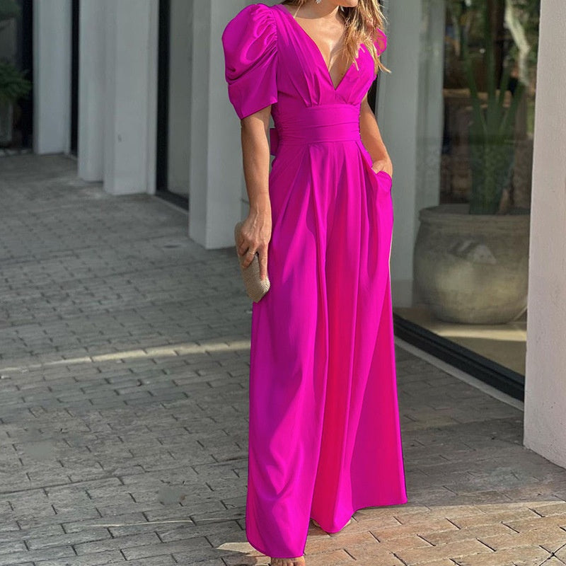 Jumpsuits mit tiefem V-Ausschnitt und weitem Bein für Damen