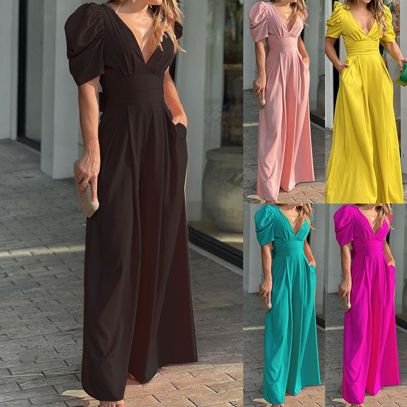 Jumpsuits mit tiefem V-Ausschnitt und weitem Bein für Damen