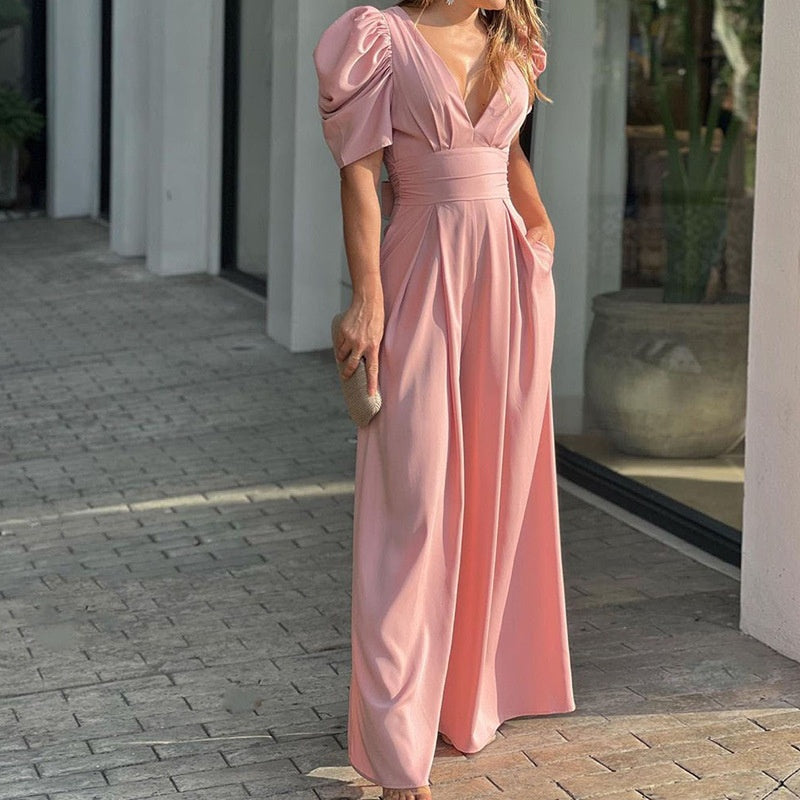 Jumpsuits mit tiefem V-Ausschnitt und weitem Bein für Damen