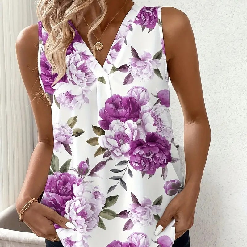 Ärmellose Bluse mit V-Ausschnitt und Blumendruck für Damen