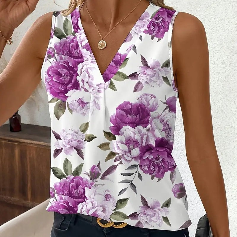 Ärmellose Bluse mit V-Ausschnitt und Blumendruck für Damen