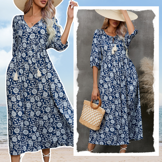 Elegantes langes Kleid mit Blumendruck und V-Ausschnitt für Damen
