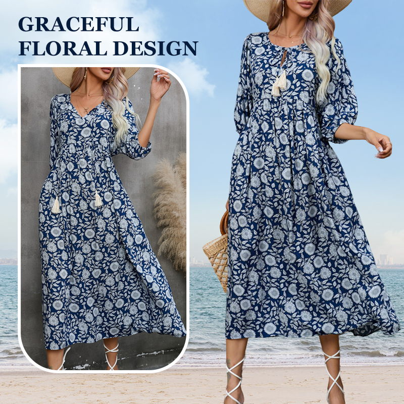 Elegantes langes Kleid mit Blumendruck und V-Ausschnitt für Damen