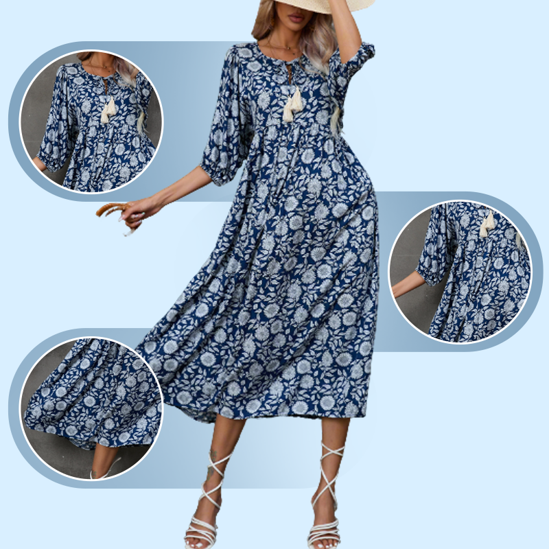 Elegantes langes Kleid mit Blumendruck und V-Ausschnitt für Damen