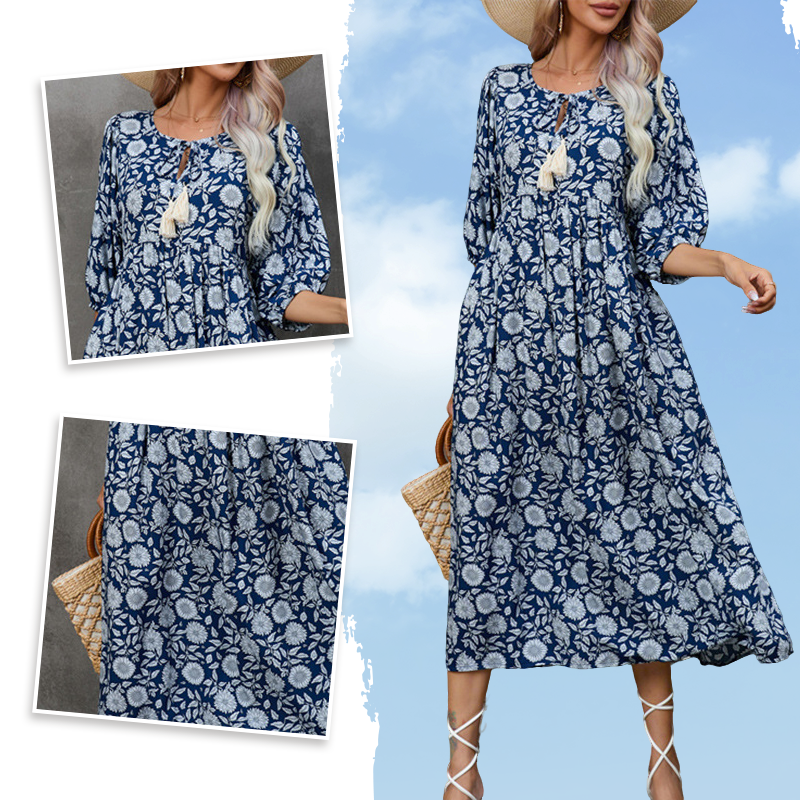 Elegantes langes Kleid mit Blumendruck und V-Ausschnitt für Damen