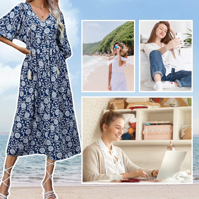 Elegantes langes Kleid mit Blumendruck und V-Ausschnitt für Damen