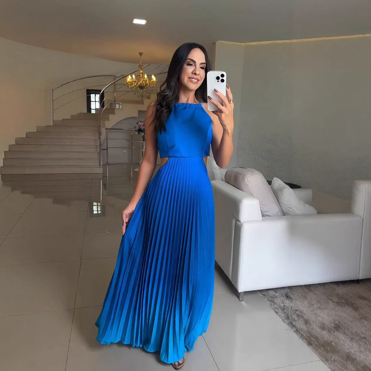 Damen Neckholder-Plissee-Kleid mit Farbverlauf