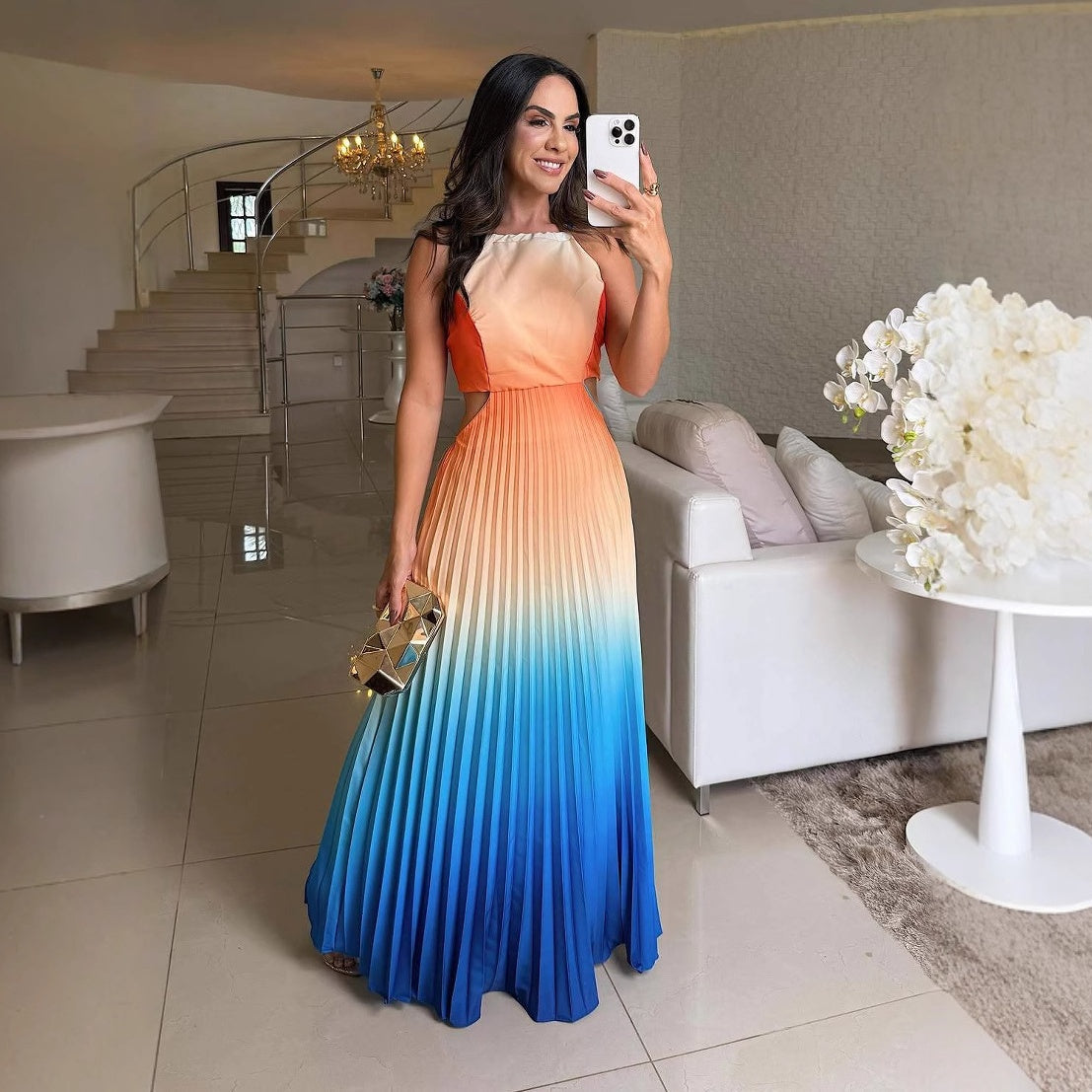 Damen Neckholder-Plissee-Kleid mit Farbverlauf