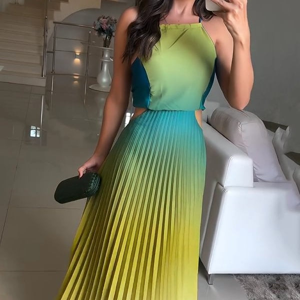 Damen Neckholder-Plissee-Kleid mit Farbverlauf